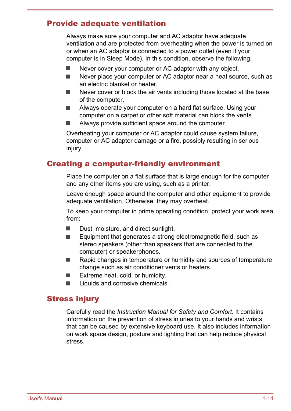 Provide adequate ventilation, Creating a computer-friendly environment, Stress injury | Toshiba Satellite NB10T-A User Manual | Page 17 / 116