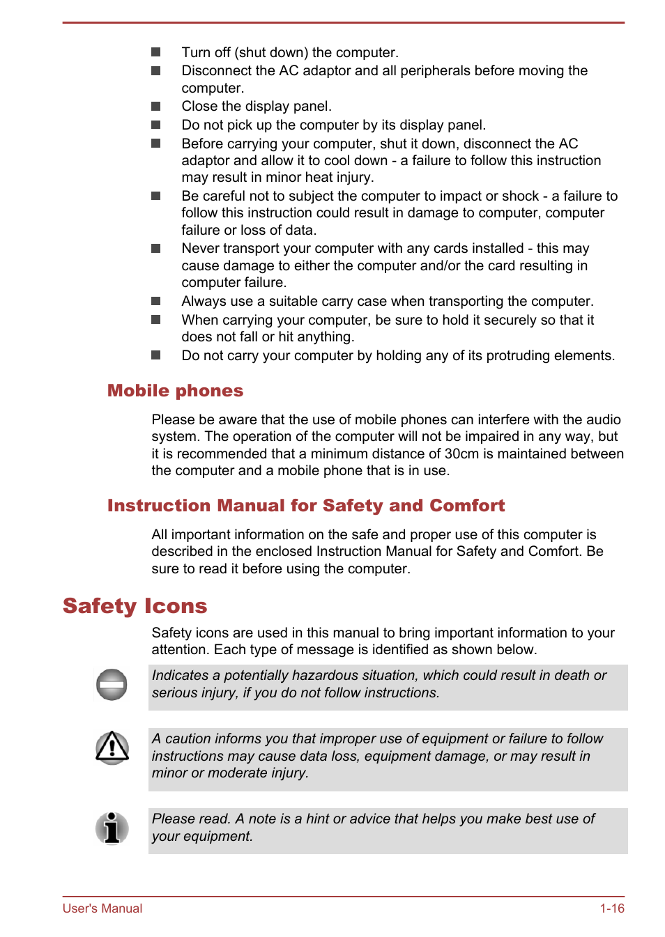 Mobile phones, Instruction manual for safety and comfort, Safety icons | Safety icons -16 | Toshiba Satellite NB10T-A User Manual | Page 19 / 116