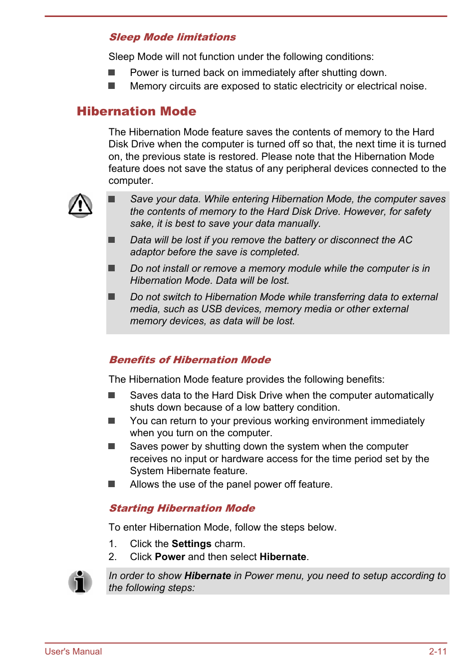 Hibernation mode | Toshiba Satellite NB10T-A User Manual | Page 30 / 116