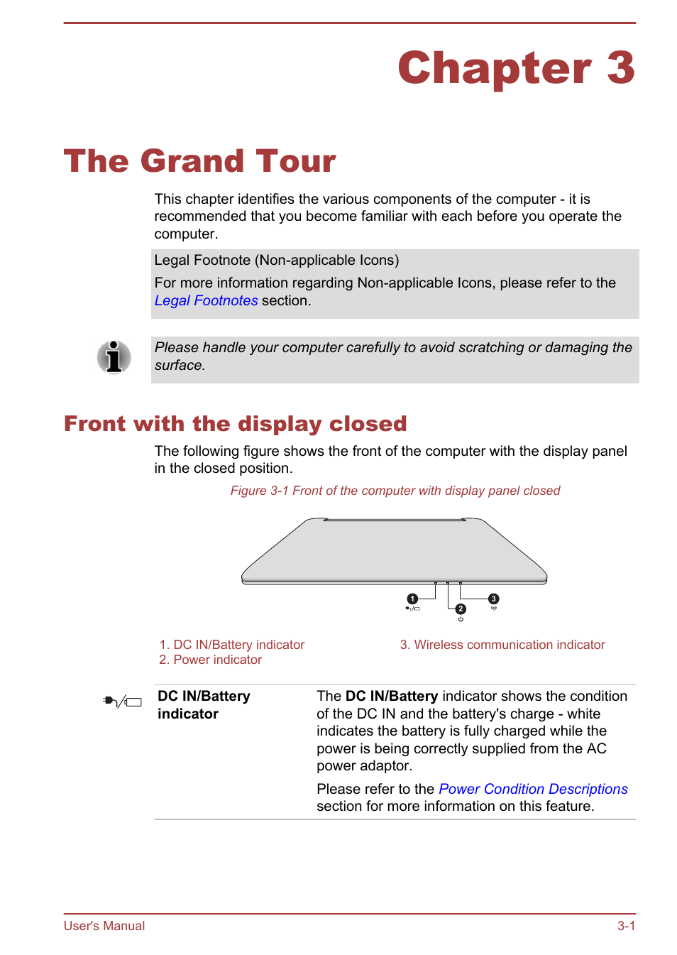 Chapter 3 the grand tour, Front with the display closed, Chapter 3 | The grand tour, Front with the display closed -1 | Toshiba Satellite NB10T-A User Manual | Page 32 / 116