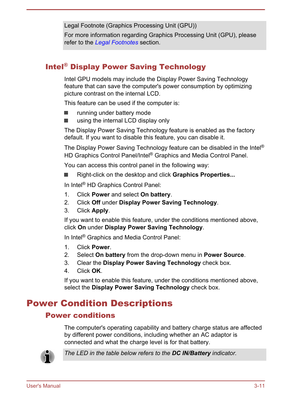 Intel® display power saving technology, Power condition descriptions, Power conditions | Power condition descriptions -11, Intel, Display power saving technology | Toshiba Satellite NB10T-A User Manual | Page 42 / 116