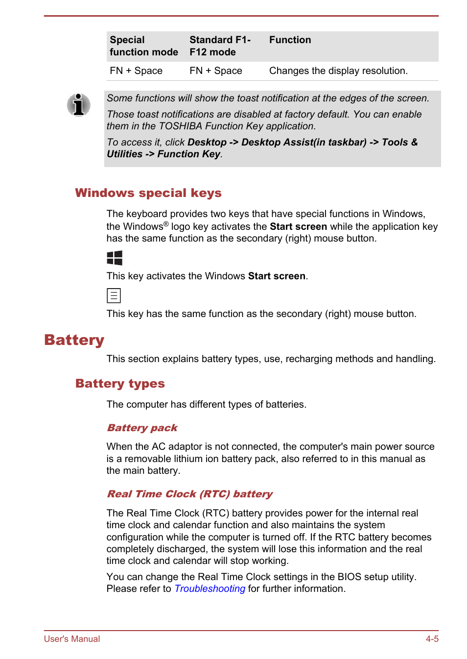 Windows special keys, Battery, Battery types | Battery -5 | Toshiba Satellite NB10T-A User Manual | Page 49 / 116