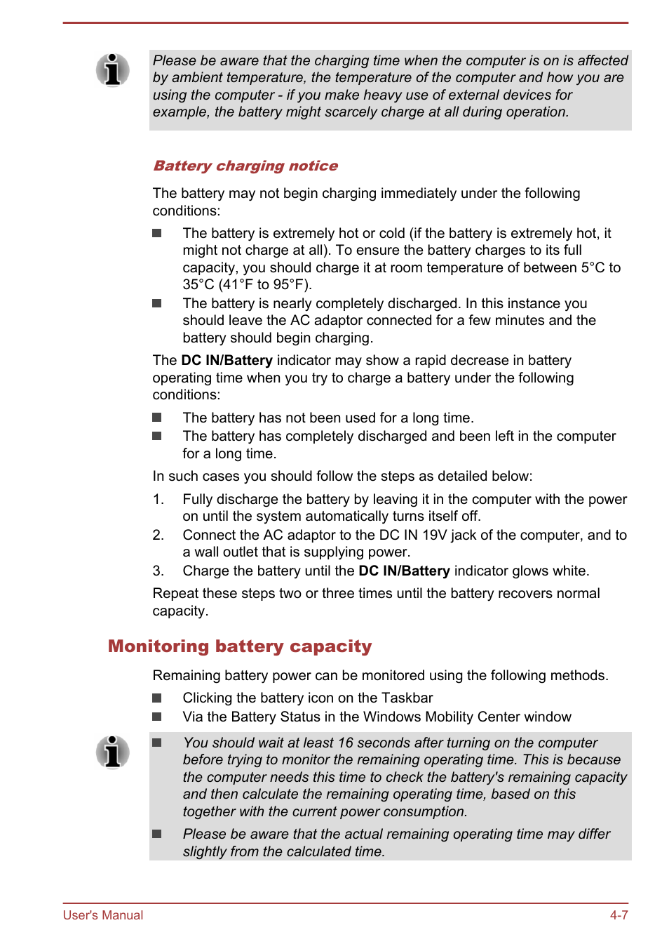 Monitoring battery capacity | Toshiba Satellite NB10T-A User Manual | Page 51 / 116