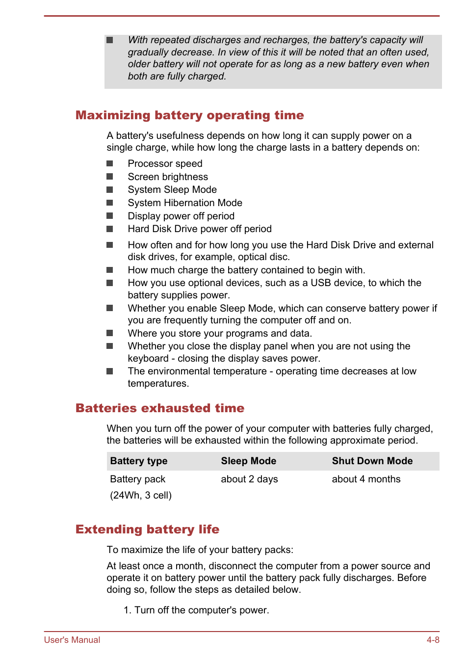 Maximizing battery operating time, Batteries exhausted time, Extending battery life | Toshiba Satellite NB10T-A User Manual | Page 52 / 116