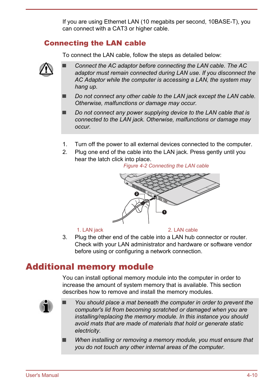Connecting the lan cable, Additional memory module, Additional memory module -10 | Toshiba Satellite NB10T-A User Manual | Page 54 / 116