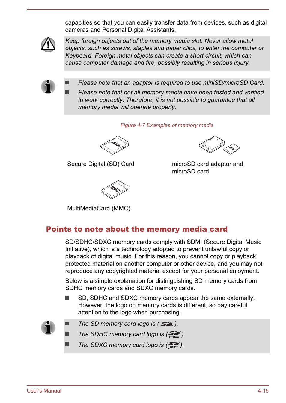 Points to note about the memory media card | Toshiba Satellite NB10T-A User Manual | Page 59 / 116
