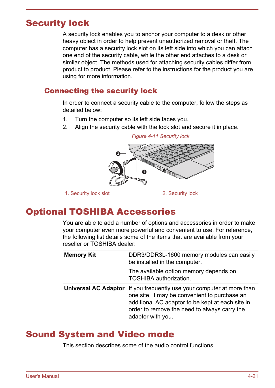 Security lock, Connecting the security lock, Optional toshiba accessories | Sound system and video mode, Security lock -21 optional toshiba accessories -21, Sound system and video mode -21, To the | Toshiba Satellite NB10T-A User Manual | Page 65 / 116