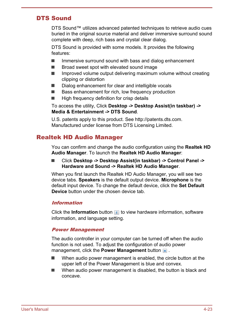 Dts sound, Realtek hd audio manager | Toshiba Satellite NB10T-A User Manual | Page 67 / 116