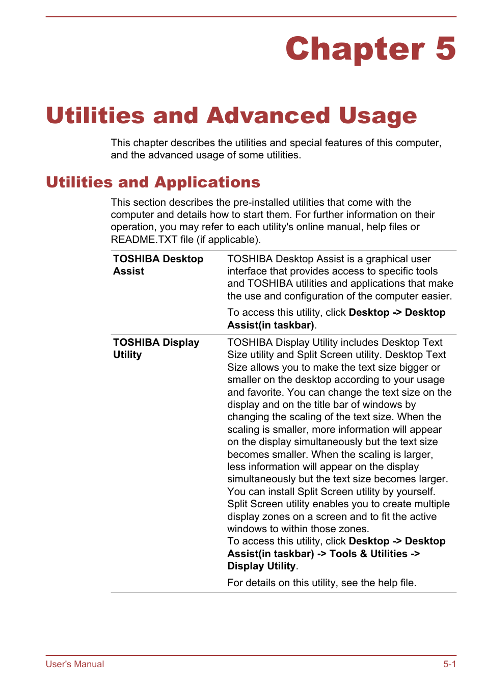 Chapter 5 utilities and advanced usage, Utilities and applications, Chapter 5 | Utilities and advanced usage, Utilities and applications -1 | Toshiba Satellite NB10T-A User Manual | Page 69 / 116