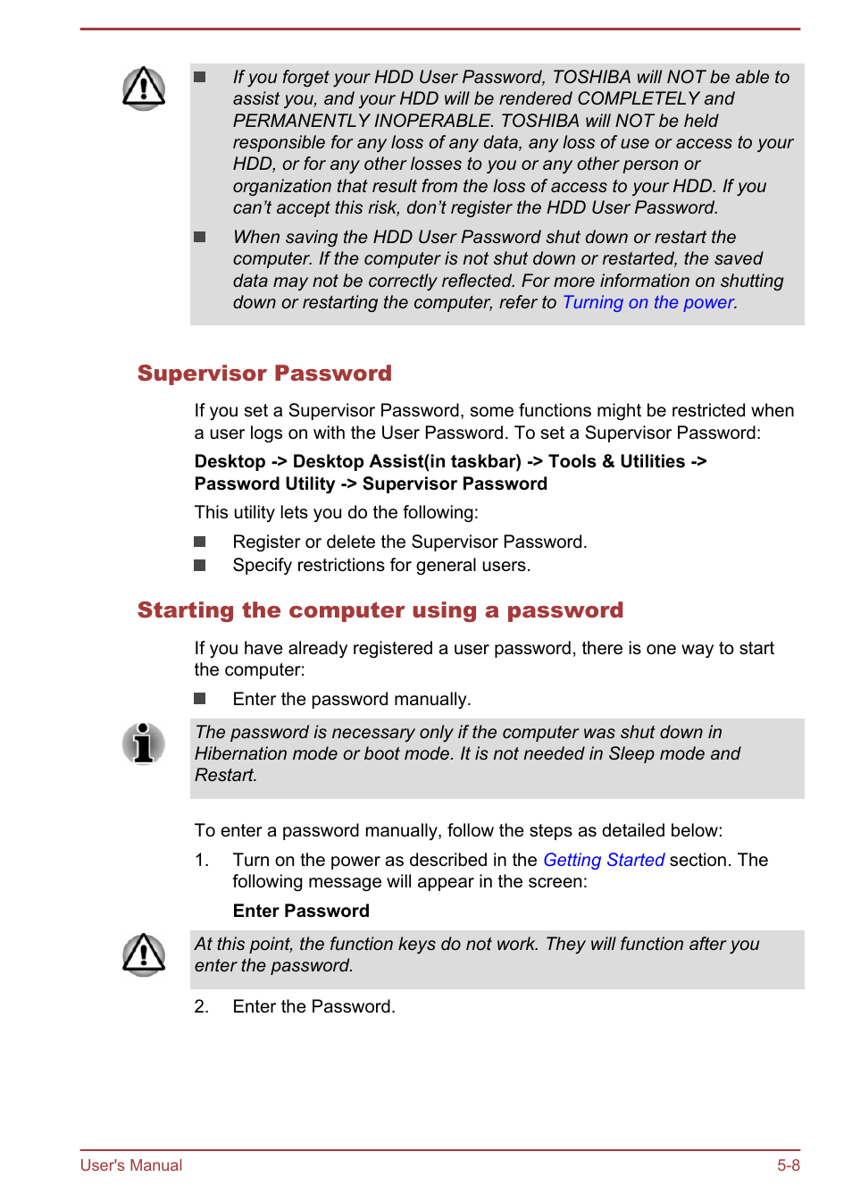 Supervisor password, Starting the computer using a password | Toshiba Satellite NB10T-A User Manual | Page 76 / 116