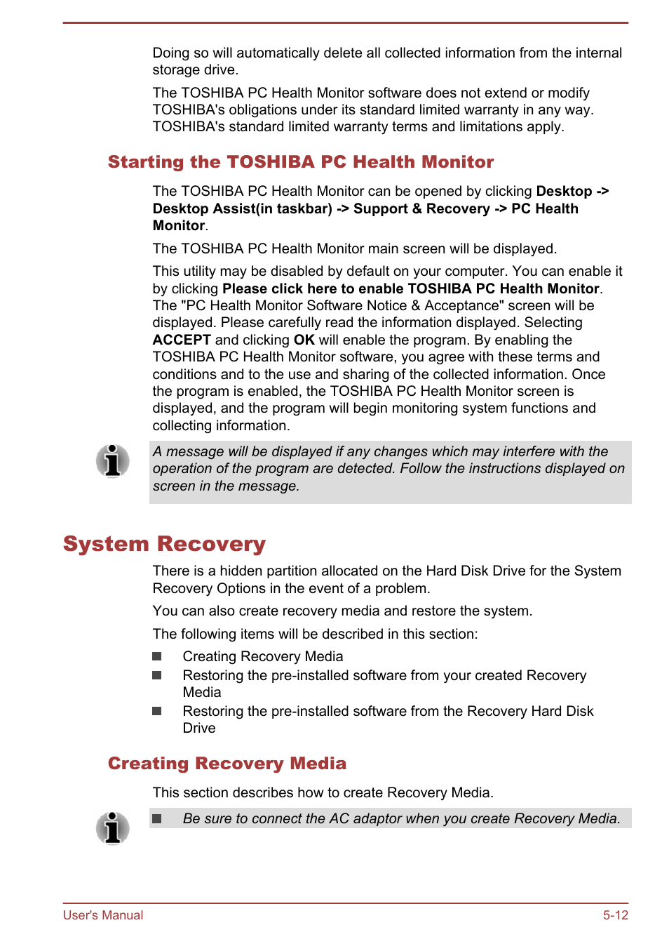 Starting the toshiba pc health monitor, System recovery, Creating recovery media | System recovery -12 | Toshiba Satellite NB10T-A User Manual | Page 80 / 116