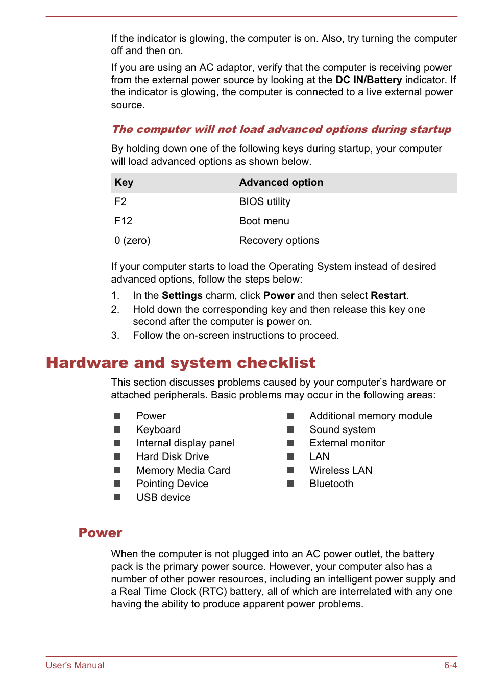 Hardware and system checklist, Power, Hardware and system checklist -4 | Toshiba Satellite NB10T-A User Manual | Page 87 / 116