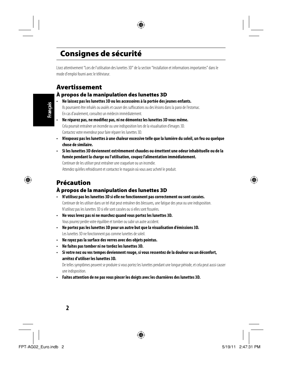 Consignes de sécurité, Avertissement, Précaution | Toshiba FPTAG02G User Manual | Page 10 / 108