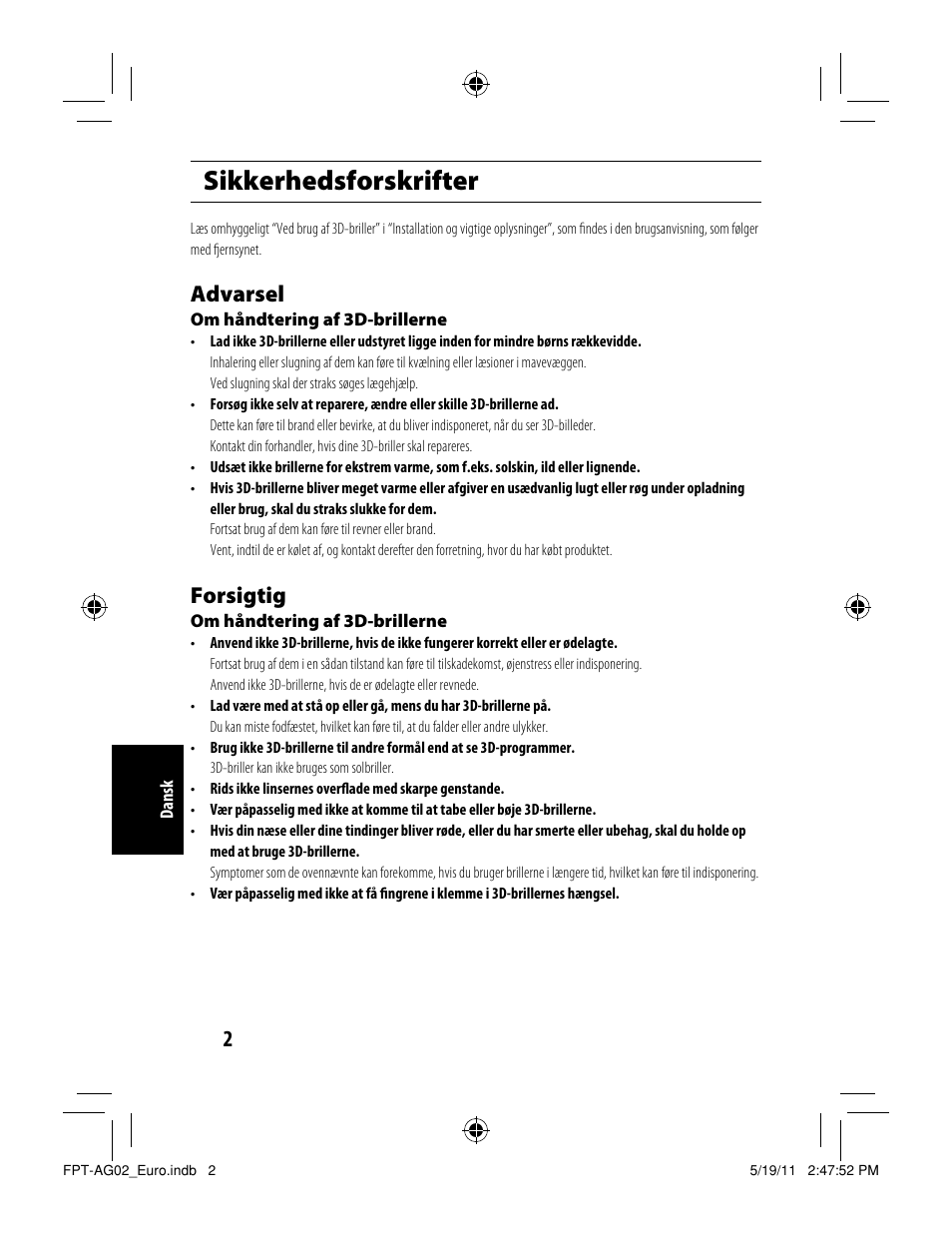 Sikkerhedsforskrifter, Advarsel, Forsigtig | Toshiba FPTAG02G User Manual | Page 100 / 108