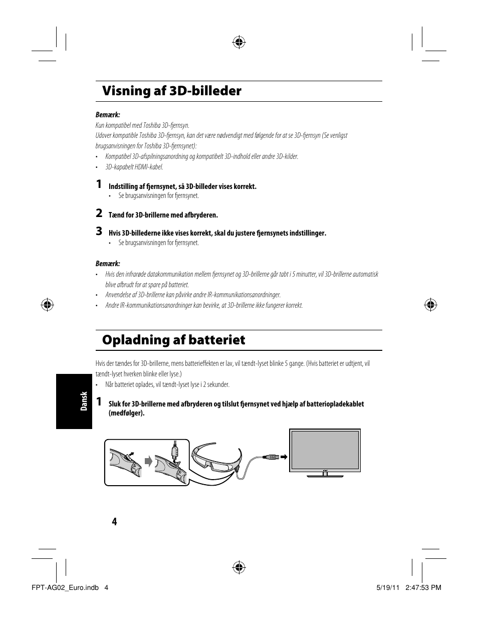 Visning af 3d-billeder, Opladning af batteriet | Toshiba FPTAG02G User Manual | Page 102 / 108