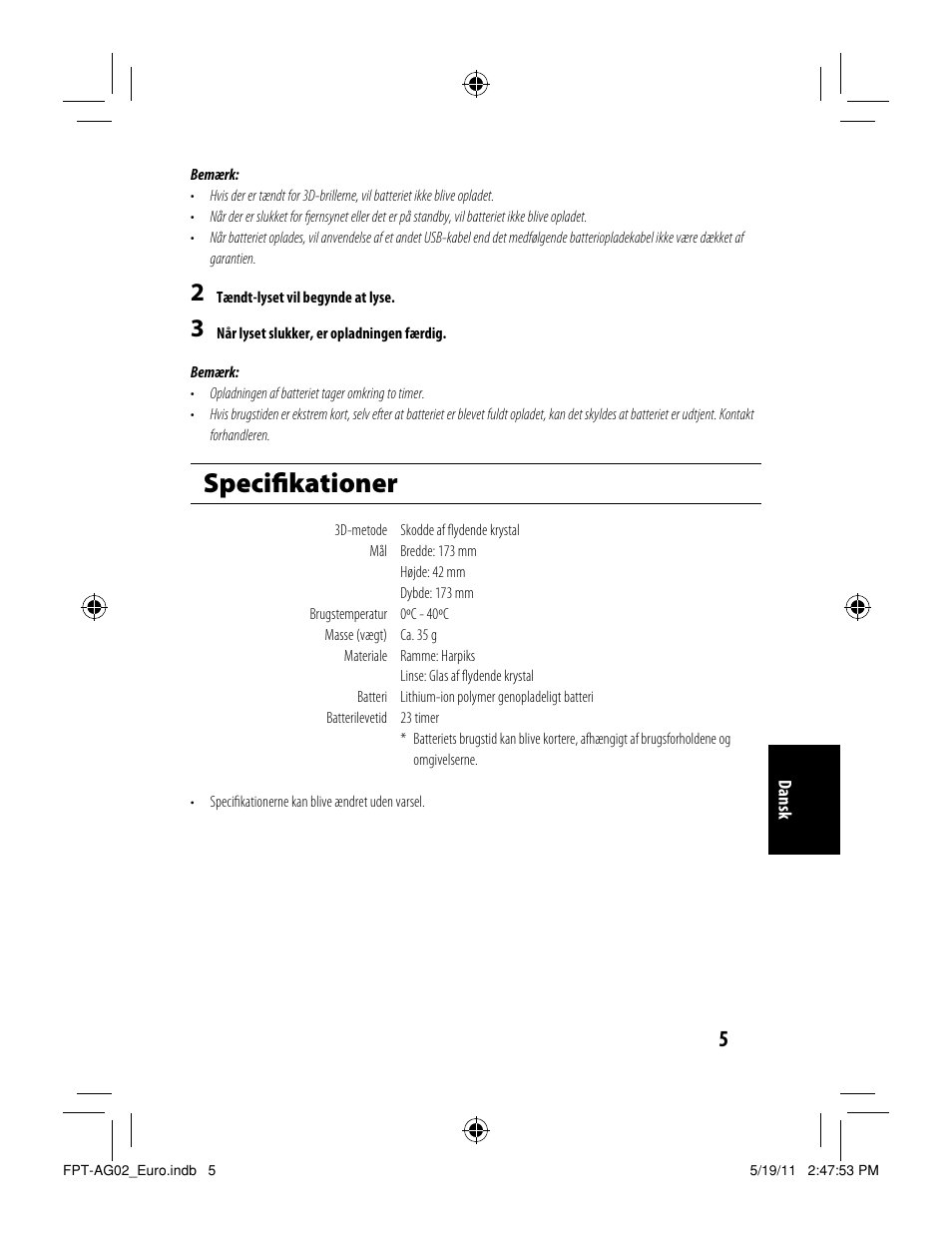 Speciﬁ kationer | Toshiba FPTAG02G User Manual | Page 103 / 108