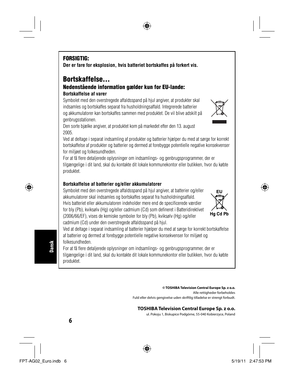 Bortskaffelse | Toshiba FPTAG02G User Manual | Page 104 / 108