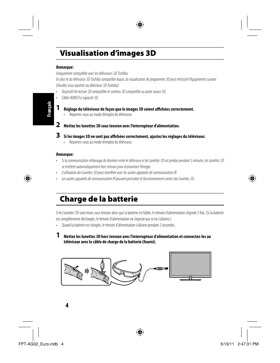 Visualisation d’images 3d, Charge de la batterie | Toshiba FPTAG02G User Manual | Page 12 / 108