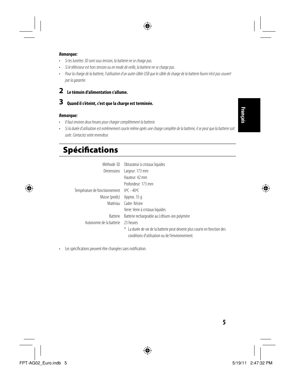 Spéciﬁ cations | Toshiba FPTAG02G User Manual | Page 13 / 108