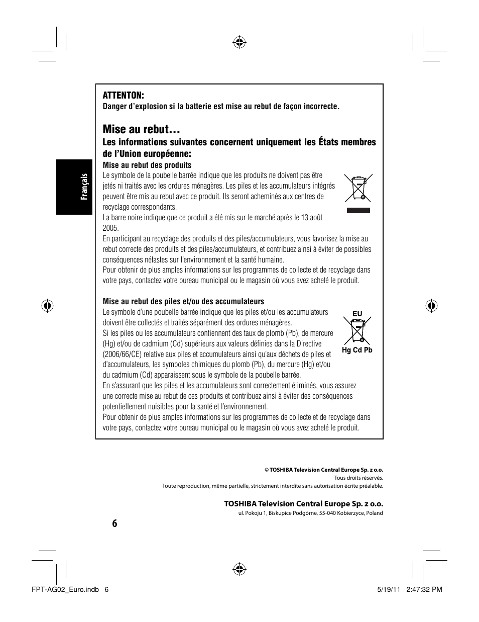 Mise au rebut | Toshiba FPTAG02G User Manual | Page 14 / 108