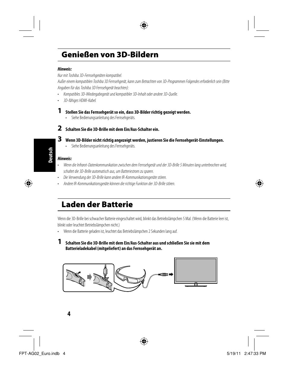 Genießen von 3d-bildern, Laden der batterie | Toshiba FPTAG02G User Manual | Page 18 / 108