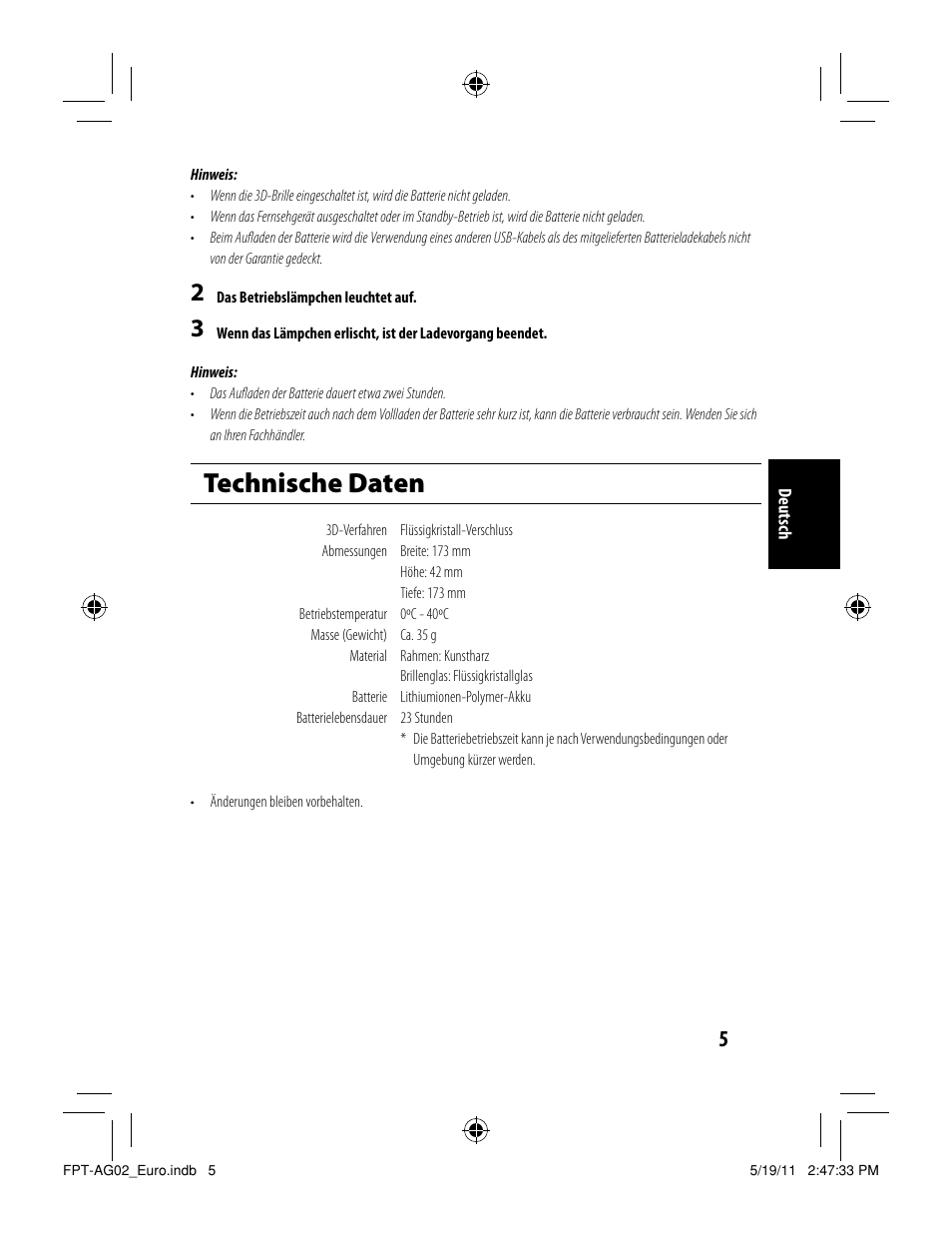 Technische daten | Toshiba FPTAG02G User Manual | Page 19 / 108