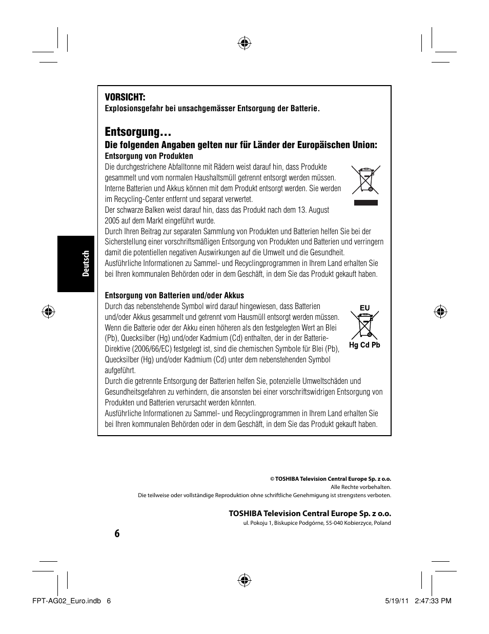 Entsorgung | Toshiba FPTAG02G User Manual | Page 20 / 108