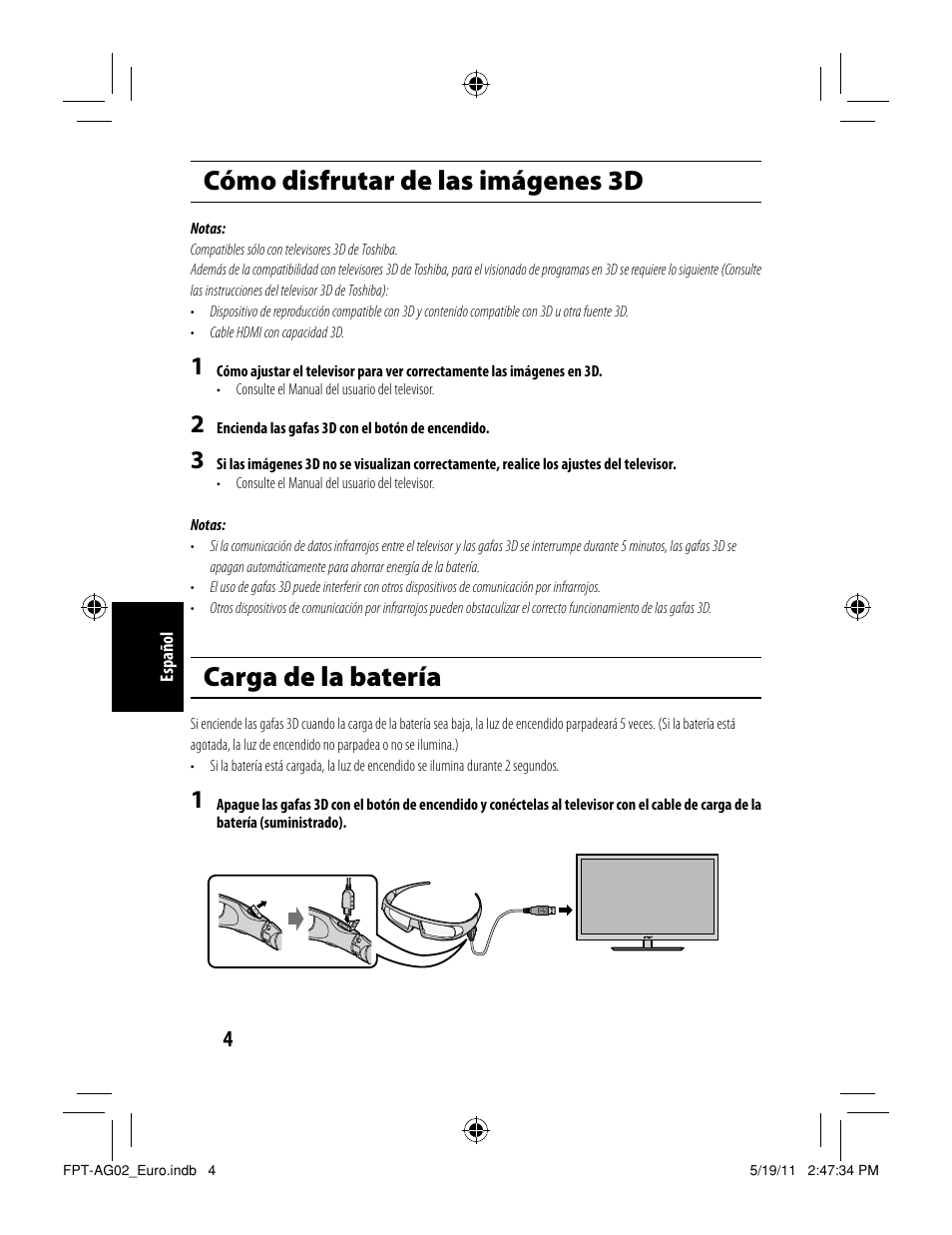 Cómo disfrutar de las imágenes 3d, Carga de la batería | Toshiba FPTAG02G User Manual | Page 24 / 108