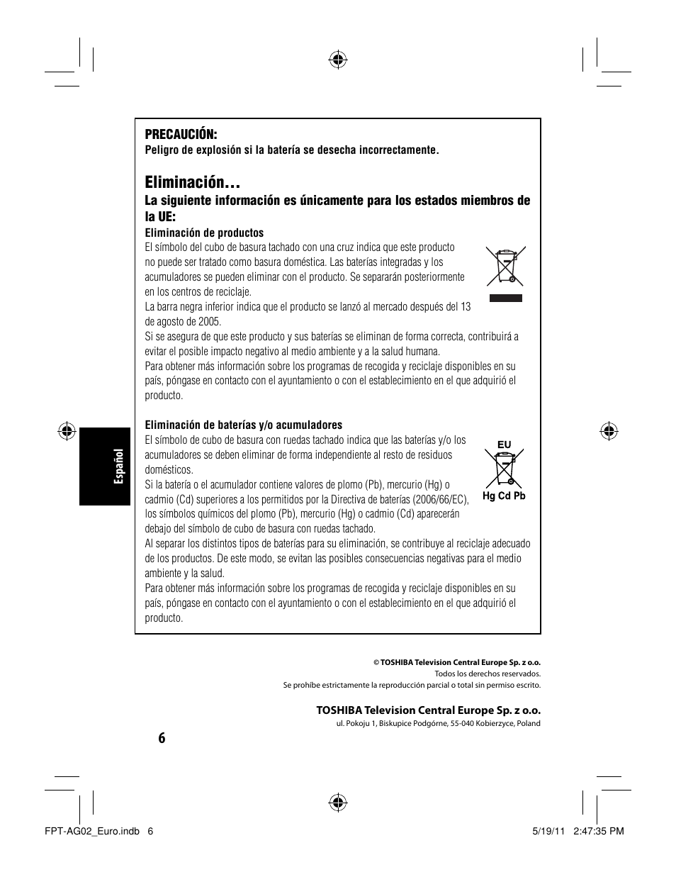 Eliminación | Toshiba FPTAG02G User Manual | Page 26 / 108