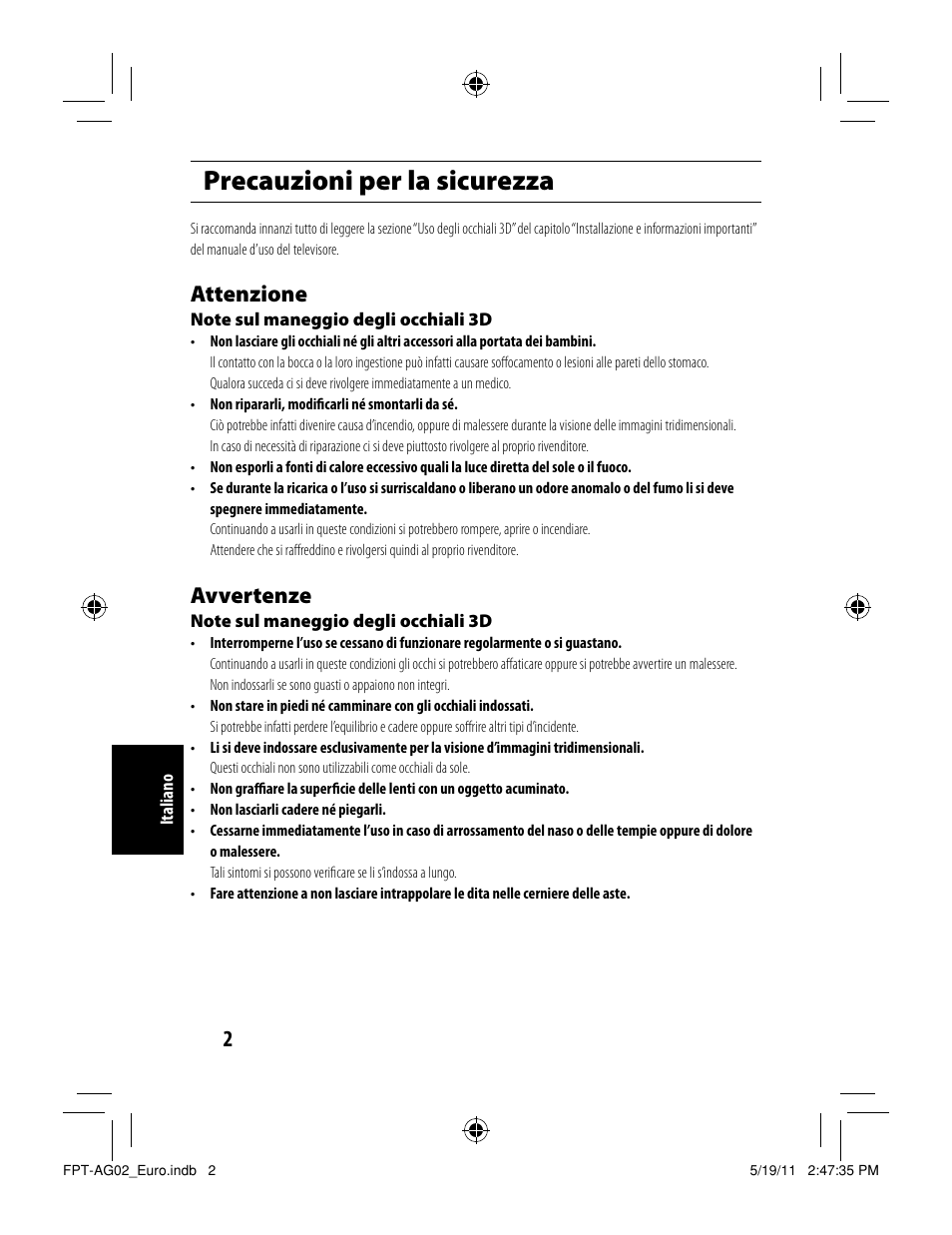 Precauzioni per la sicurezza, Attenzione, Avvertenze | Toshiba FPTAG02G User Manual | Page 28 / 108