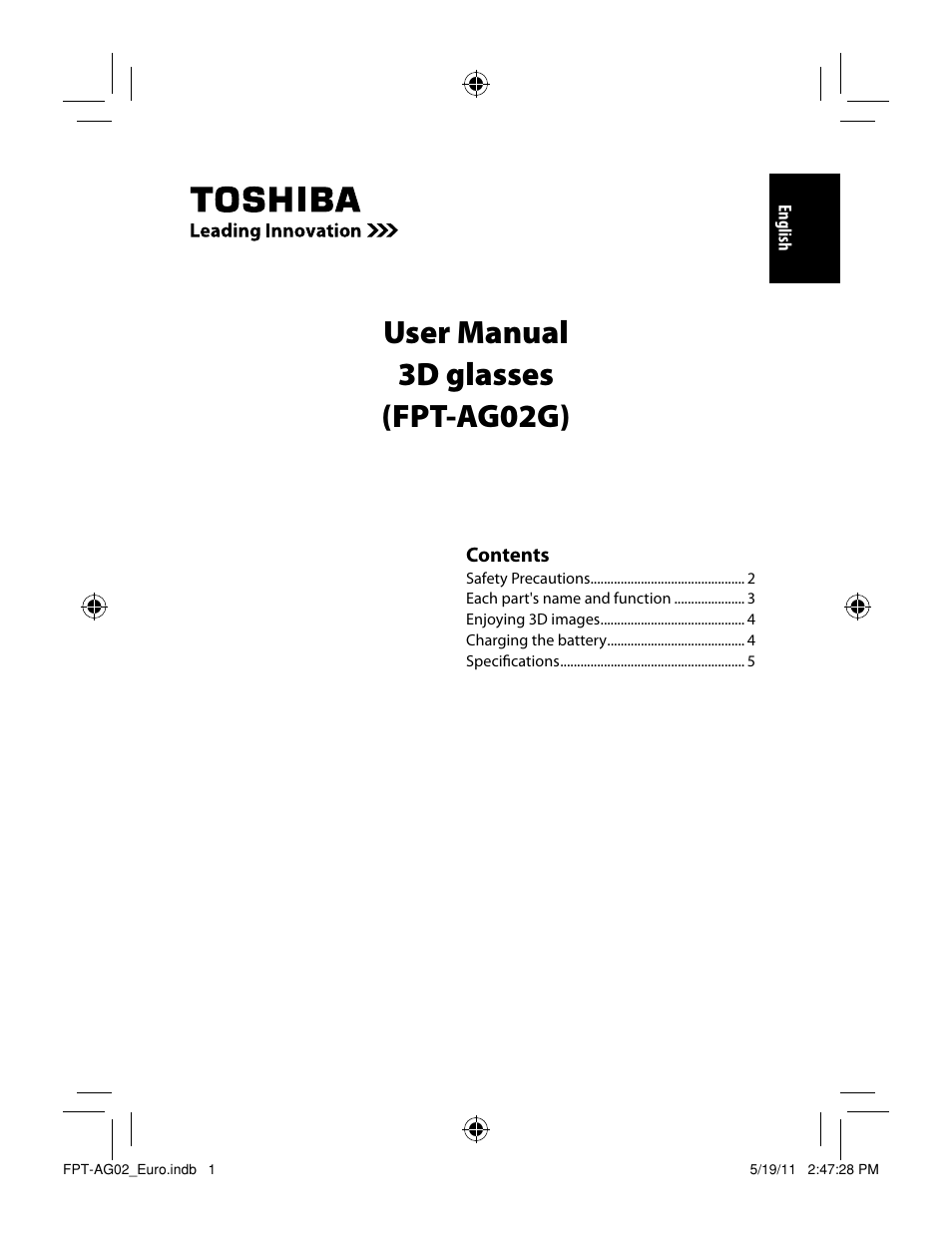 User manual 3d glasses (fpt-ag02g) | Toshiba FPTAG02G User Manual | Page 3 / 108