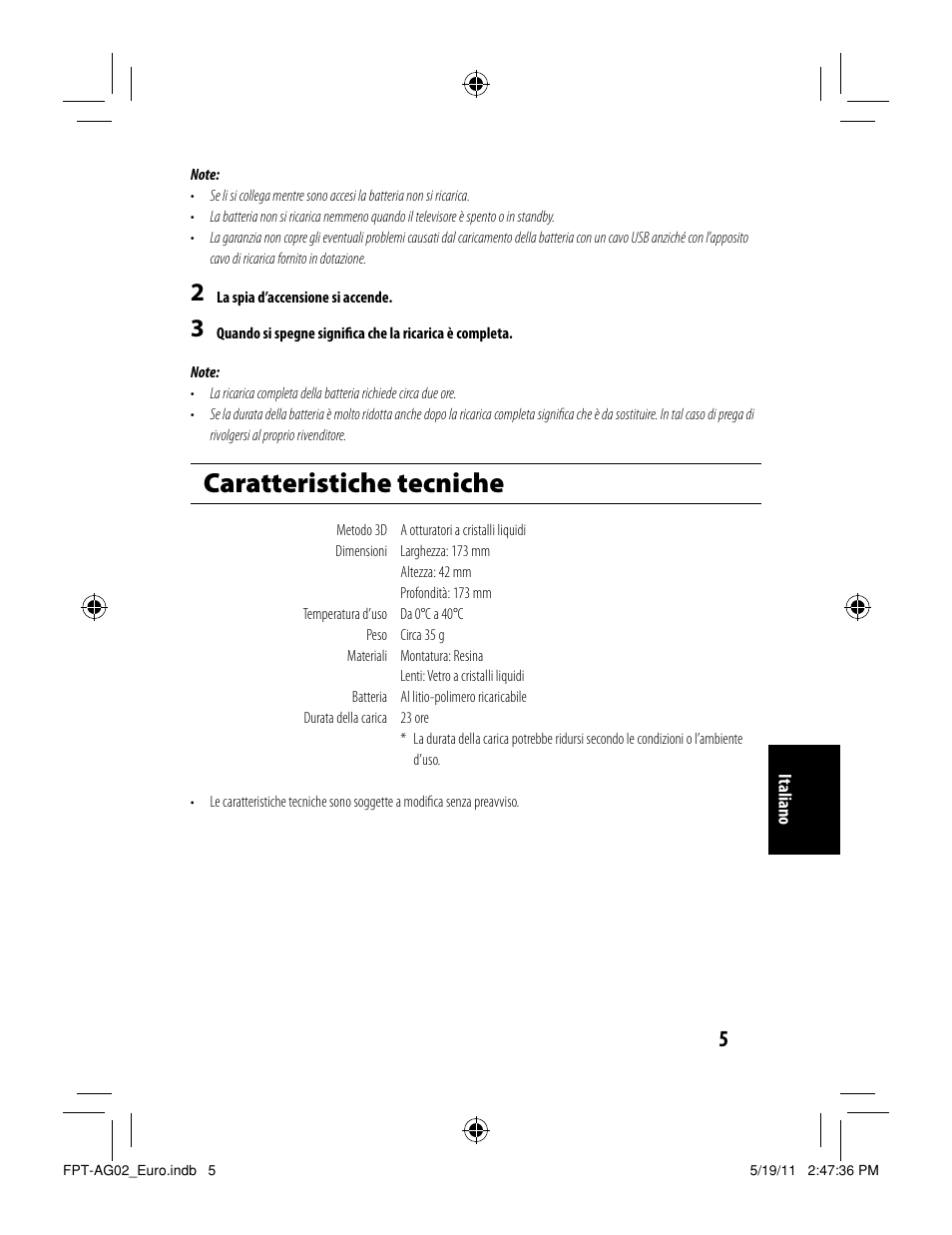 Caratteristiche tecniche | Toshiba FPTAG02G User Manual | Page 31 / 108