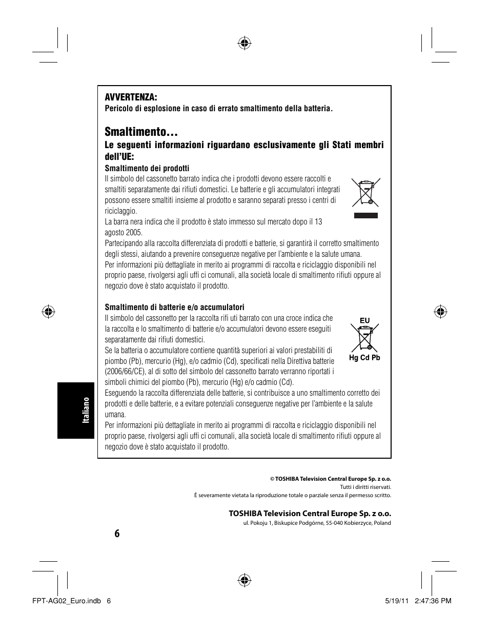 Smaltimento | Toshiba FPTAG02G User Manual | Page 32 / 108