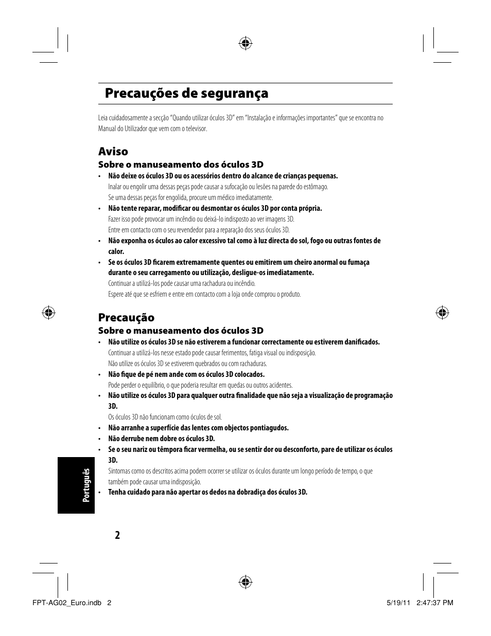 Precauções de segurança, Aviso, Precaução | Toshiba FPTAG02G User Manual | Page 34 / 108