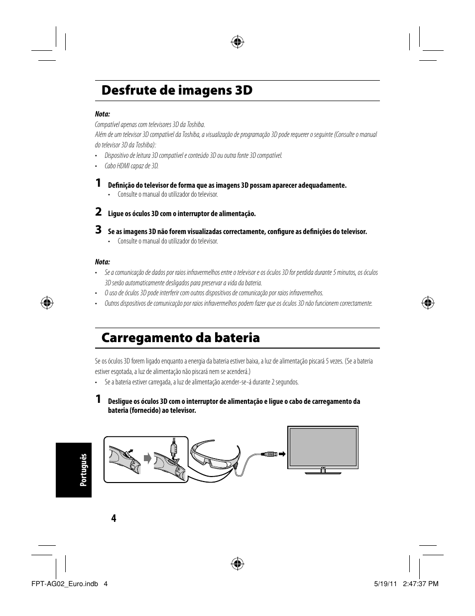 Desfrute de imagens 3d, Carregamento da bateria | Toshiba FPTAG02G User Manual | Page 36 / 108