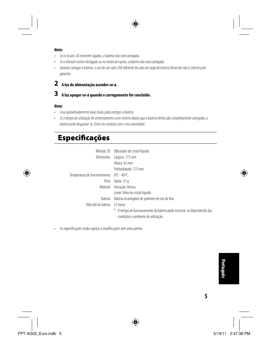 Especiﬁ cações | Toshiba FPTAG02G User Manual | Page 37 / 108