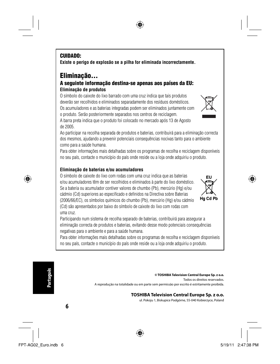 Eliminação | Toshiba FPTAG02G User Manual | Page 38 / 108