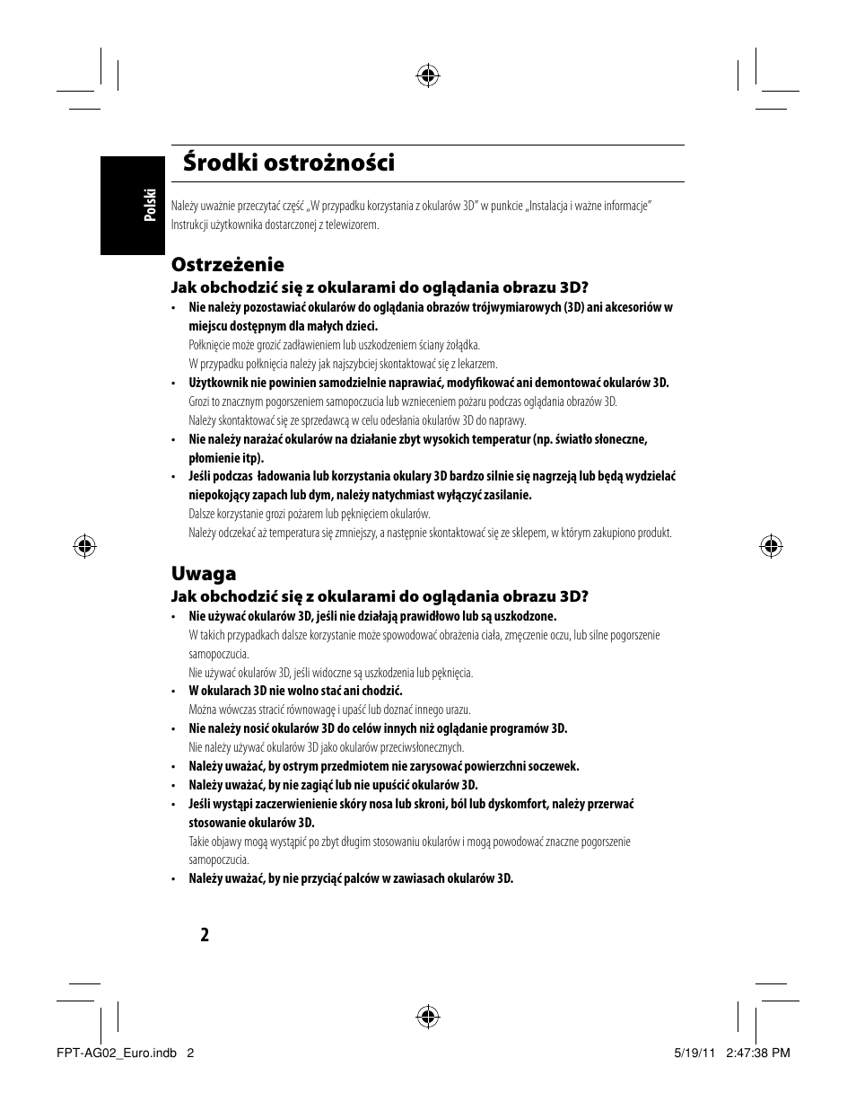 Środki ostrożności, Ostrzeżenie, Uwaga | Toshiba FPTAG02G User Manual | Page 40 / 108