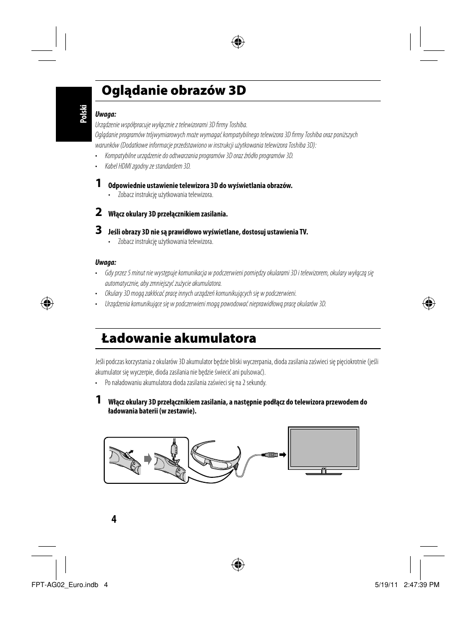 Oglądanie obrazów 3d, Ładowanie akumulatora | Toshiba FPTAG02G User Manual | Page 42 / 108