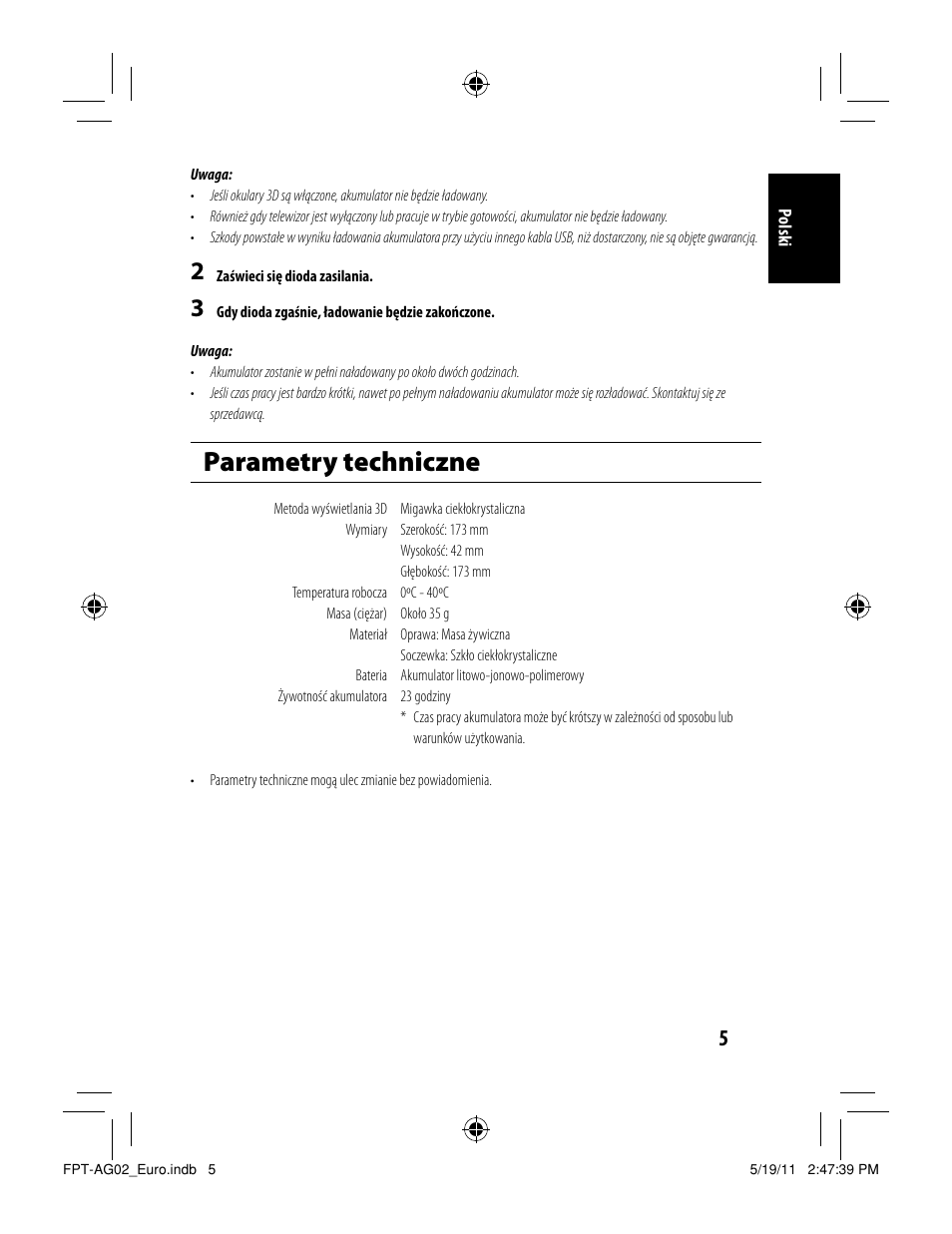 Parametry techniczne | Toshiba FPTAG02G User Manual | Page 43 / 108