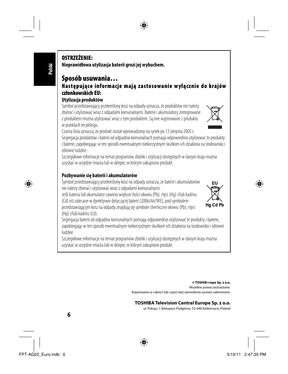 Sposób usuwania, Ostrzeżenie | Toshiba FPTAG02G User Manual | Page 44 / 108