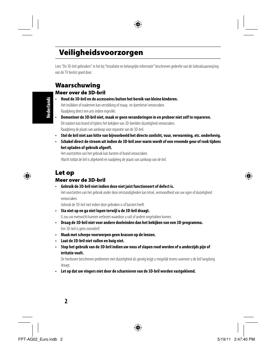 Veiligheidsvoorzorgen, Waarschuwing, Let op | Toshiba FPTAG02G User Manual | Page 46 / 108