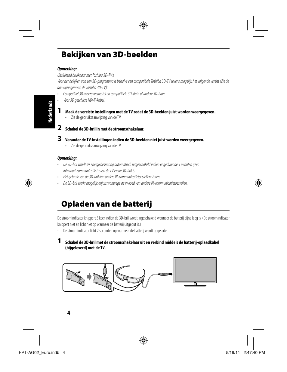 Bekijken van 3d-beelden, Opladen van de batterij | Toshiba FPTAG02G User Manual | Page 48 / 108