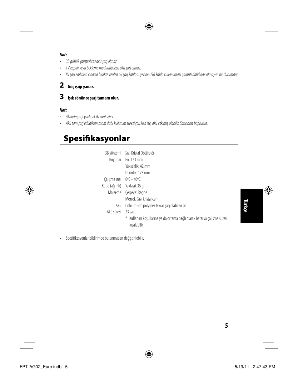 Spesiﬁ kasyonlar | Toshiba FPTAG02G User Manual | Page 61 / 108