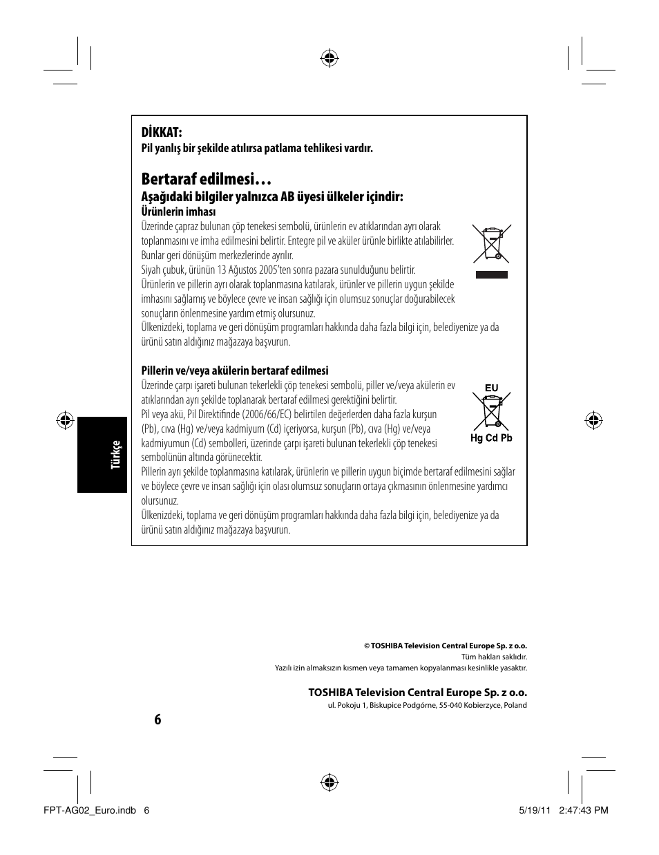 Bertaraf edilmesi, Dikkat | Toshiba FPTAG02G User Manual | Page 62 / 108