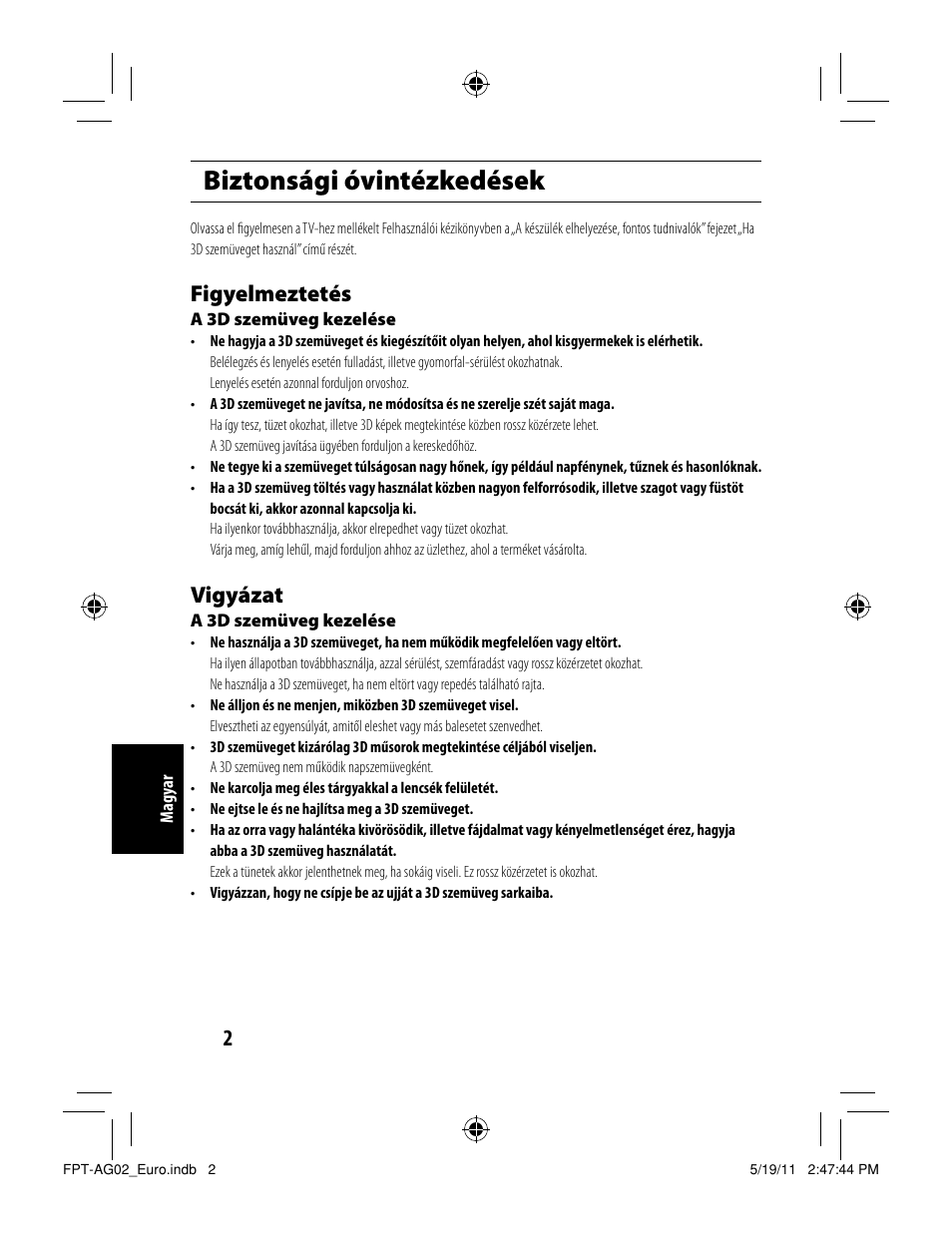 Biztonsági óvintézkedések, Figyelmeztetés, Vigyázat | Toshiba FPTAG02G User Manual | Page 64 / 108