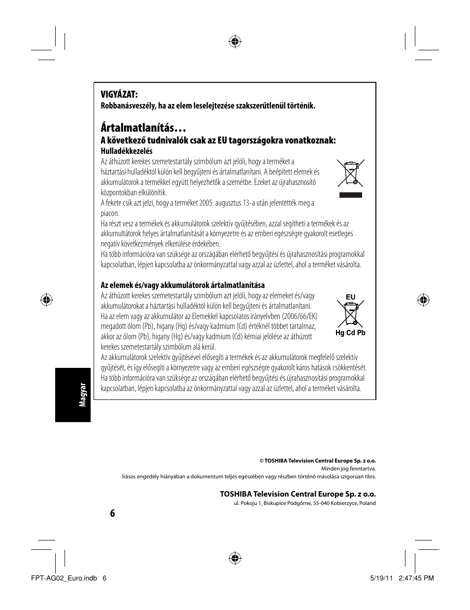 Ártalmatlanítás, Vigyázat | Toshiba FPTAG02G User Manual | Page 68 / 108