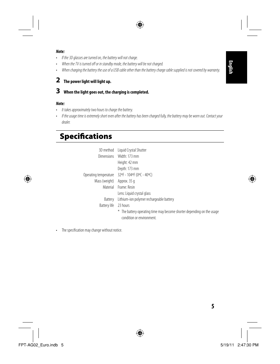 Speciﬁ cations | Toshiba FPTAG02G User Manual | Page 7 / 108