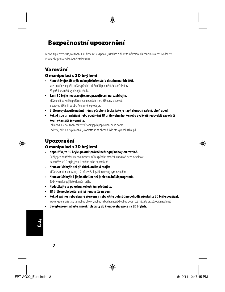 Bezpečnostní upozornění, Varování, Upozornění | Toshiba FPTAG02G User Manual | Page 70 / 108