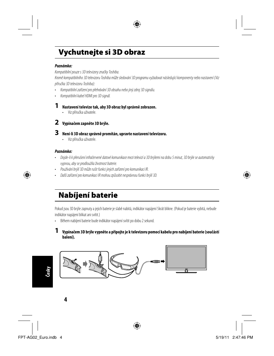 Vychutnejte si 3d obraz, Nabíjení baterie | Toshiba FPTAG02G User Manual | Page 72 / 108